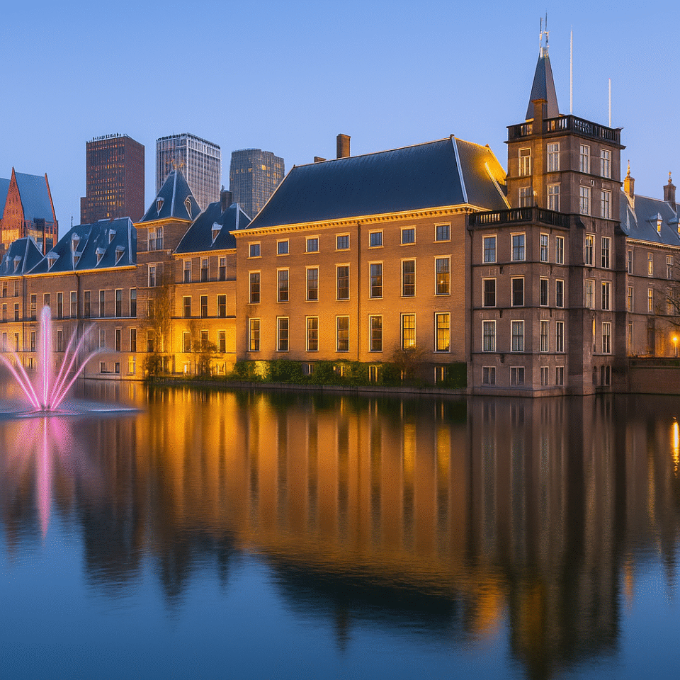 The Hague – illuminated Binnenhof buildings reflecting on Hofvijver lake during blue hour