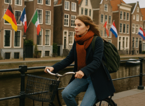 Student biking past canal houses in Amsterdam representing Dutch universities