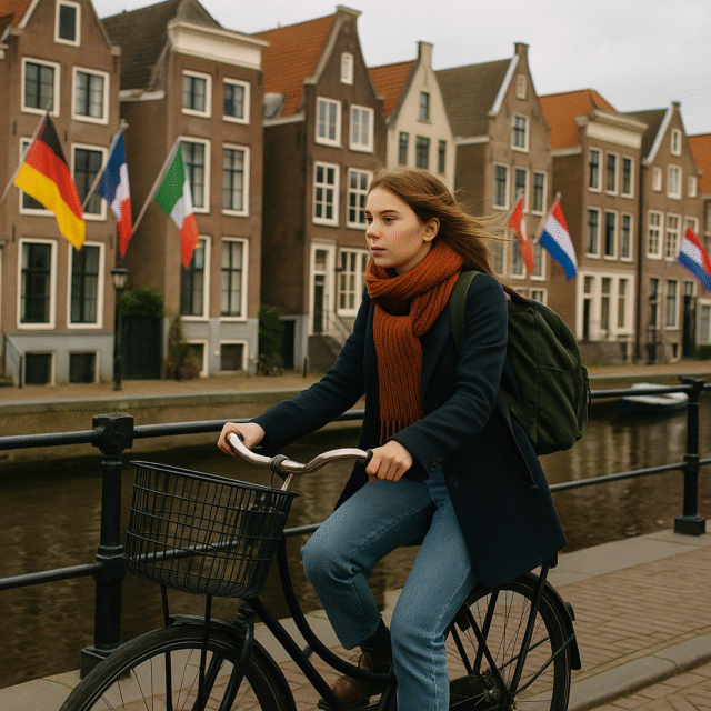 Student biking past canal houses in Amsterdam representing Dutch universities