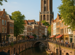 Utrecht's Oudegracht canal with the Dom Tower and waterside cafés on a sunny day