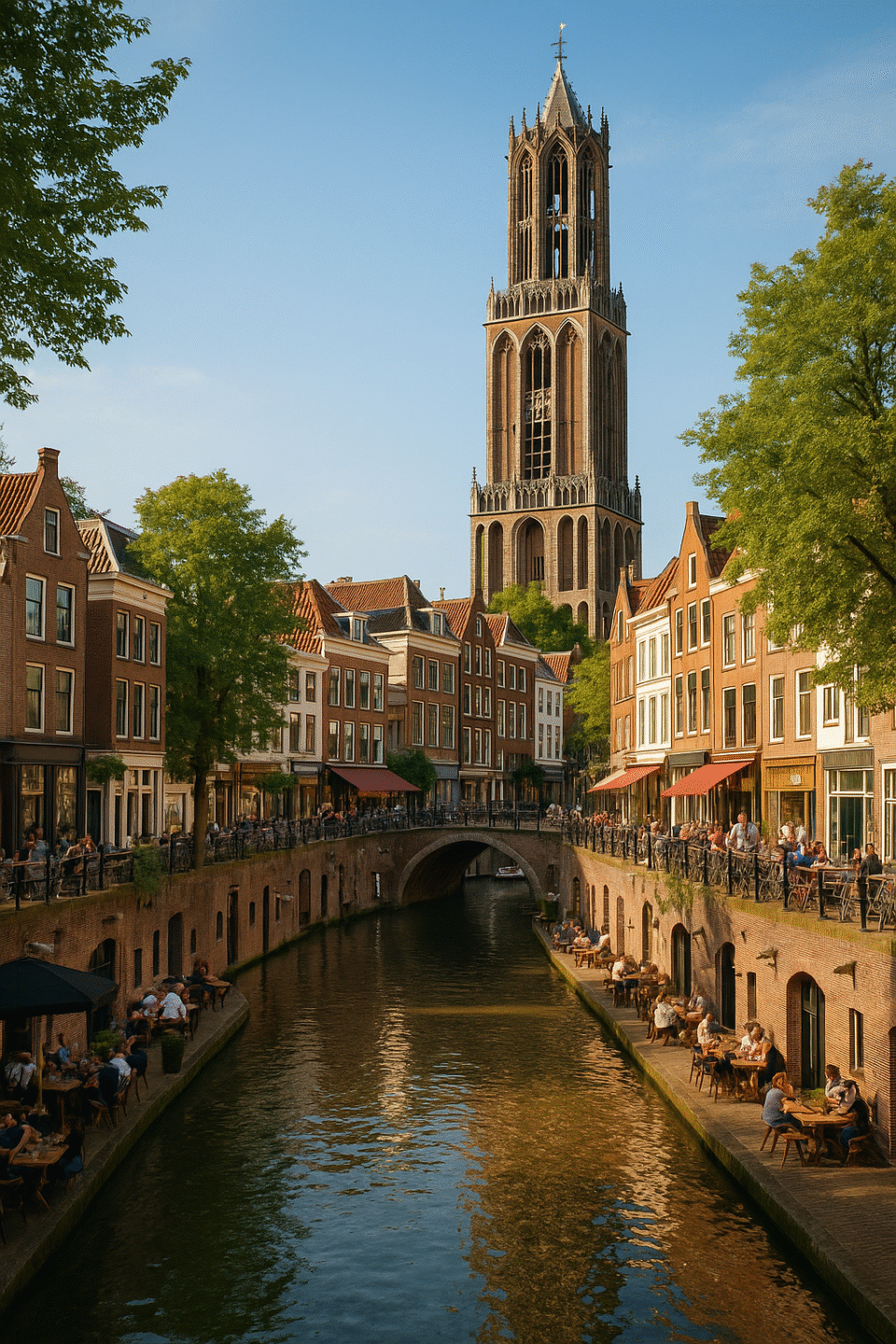 Utrecht's Oudegracht canal with the Dom Tower and waterside cafés on a sunny day