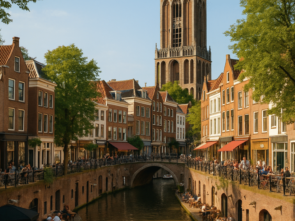 Utrecht's Oudegracht canal with the Dom Tower and waterside cafés on a sunny day