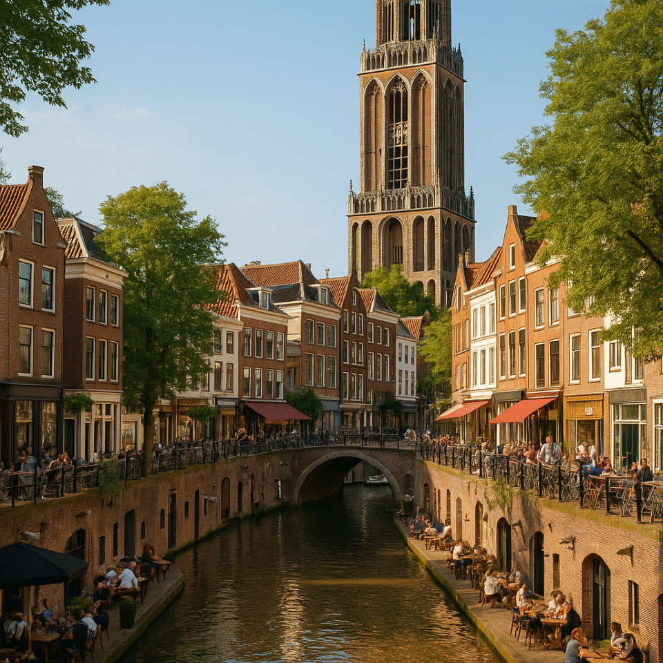 Utrecht's Oudegracht canal with the Dom Tower and waterside cafés on a sunny day