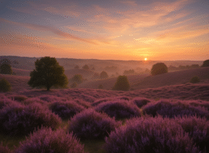 Veluwe landscape at sunrise with blooming purple heather and rolling hills