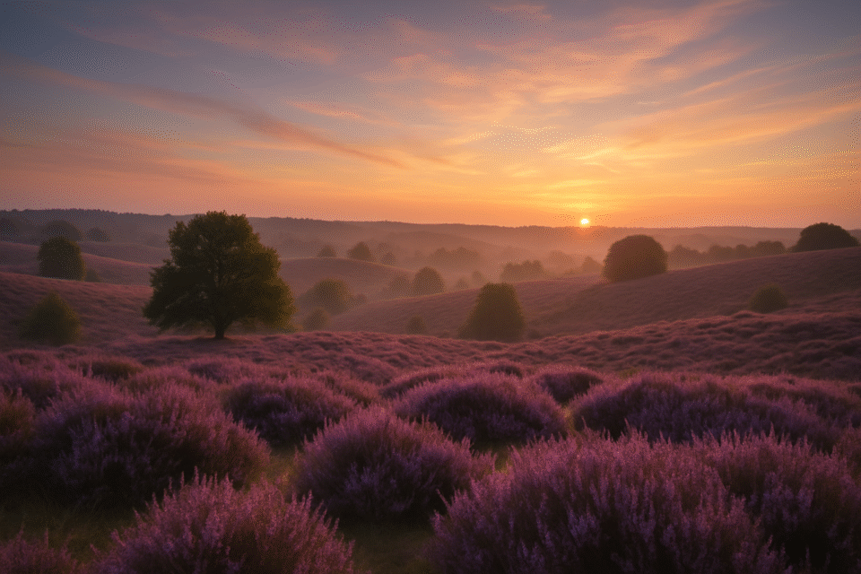 Veluwe landscape at sunrise with blooming purple heather and rolling hills
