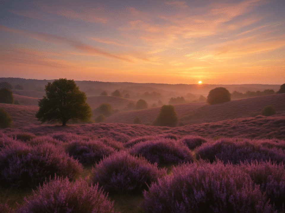 Veluwe landscape at sunrise with blooming purple heather and rolling hills