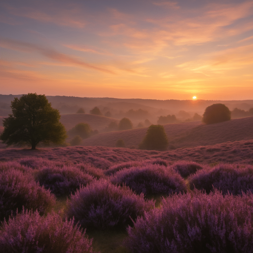 Veluwe landscape at sunrise with blooming purple heather and rolling hills