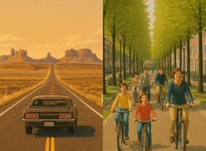 Split illustration showing American highway individualism and Dutch cycling community, highlighting the theme of freedom differently defined.