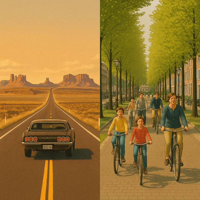 Split illustration showing American highway individualism and Dutch cycling community, highlighting the theme of freedom differently defined.