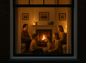 A cozy family scene viewed through a window exemplifies the Dutch open-curtain tradition