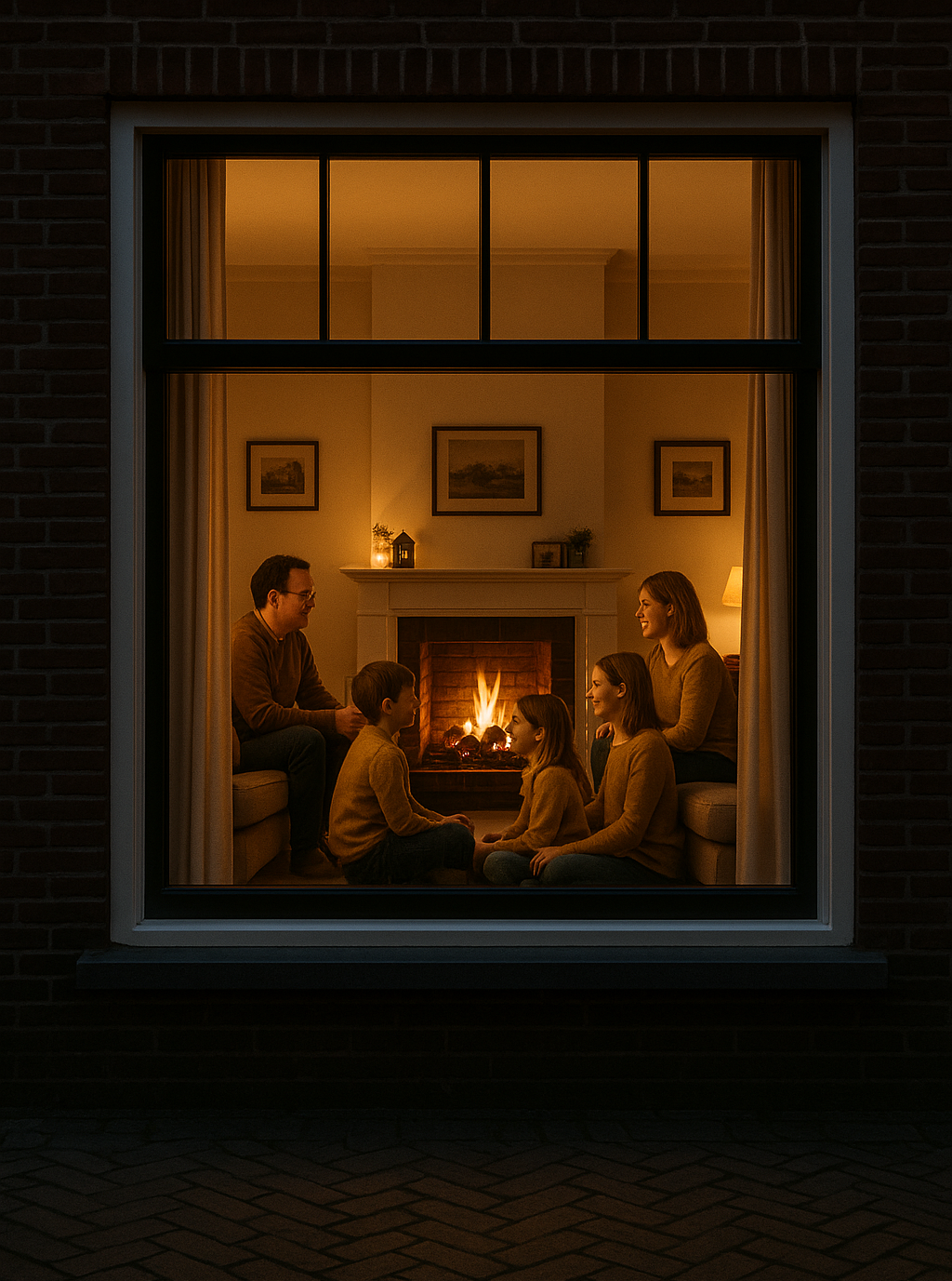 A cozy family scene viewed through a window exemplifies the Dutch open-curtain tradition