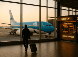 Traveler viewing KLM airplane at gate inside Amsterdam Schiphol terminal near stroopwafel stand