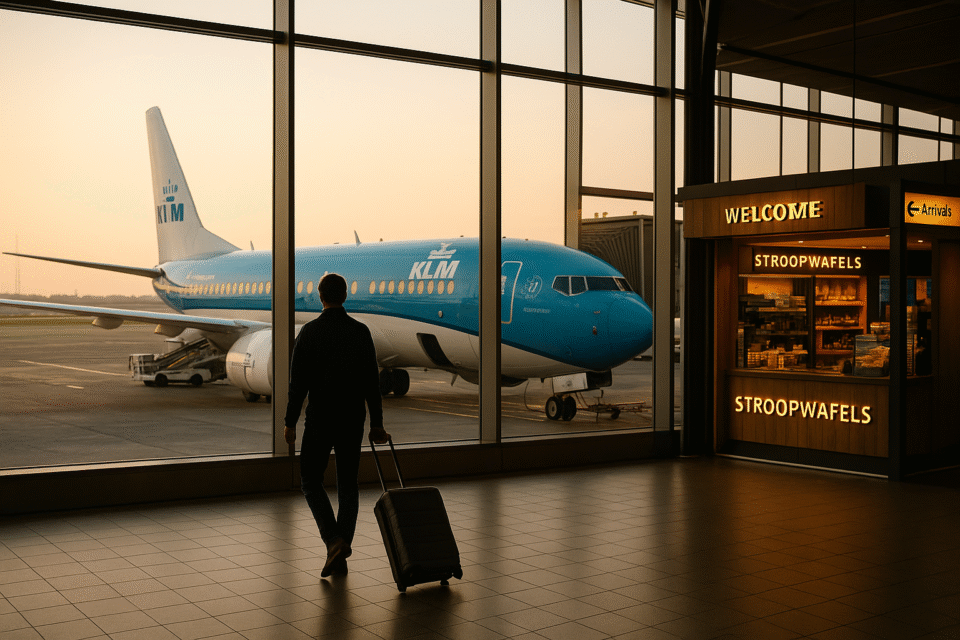 Traveler viewing KLM airplane at gate inside Amsterdam Schiphol terminal near stroopwafel stand