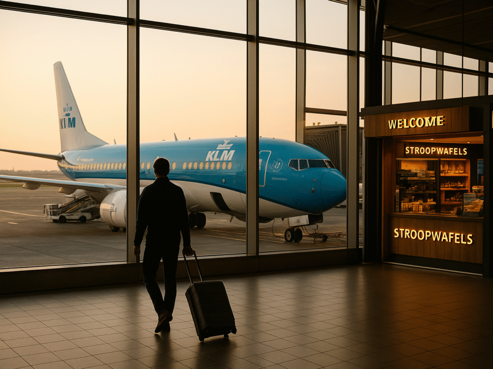 Traveler viewing KLM airplane at gate inside Amsterdam Schiphol terminal near stroopwafel stand