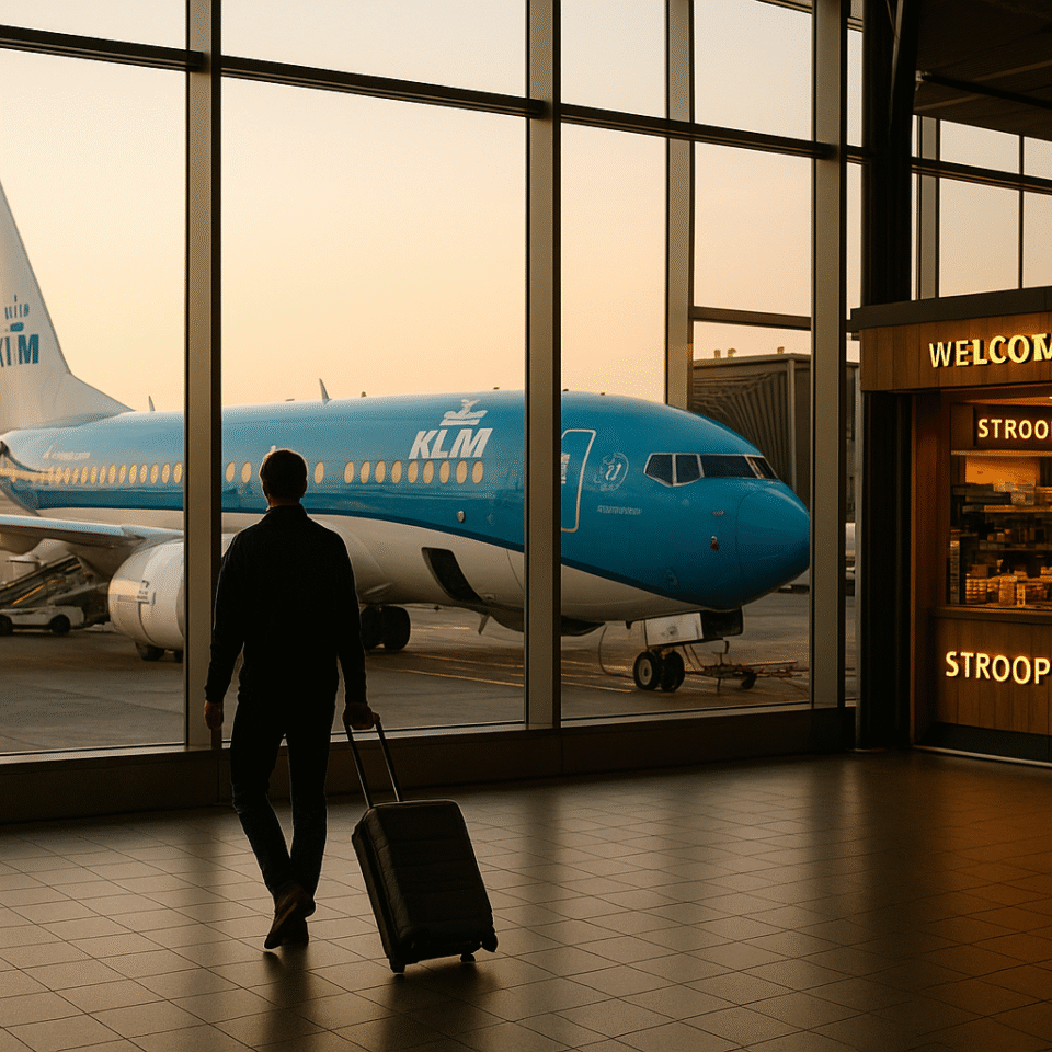 Traveler viewing KLM airplane at gate inside Amsterdam Schiphol terminal near stroopwafel stand