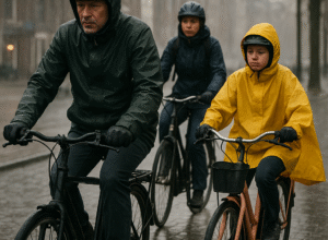 Three Dutch cyclists ride through rain in typical dutch weather, wearing waterproof jackets and ponchos on a wet cobblestone street.