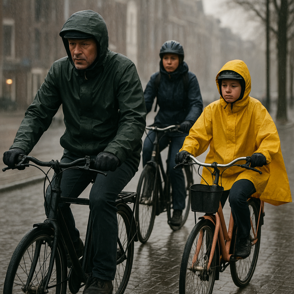 Three Dutch cyclists ride through rain in typical dutch weather, wearing waterproof jackets and ponchos on a wet cobblestone street.