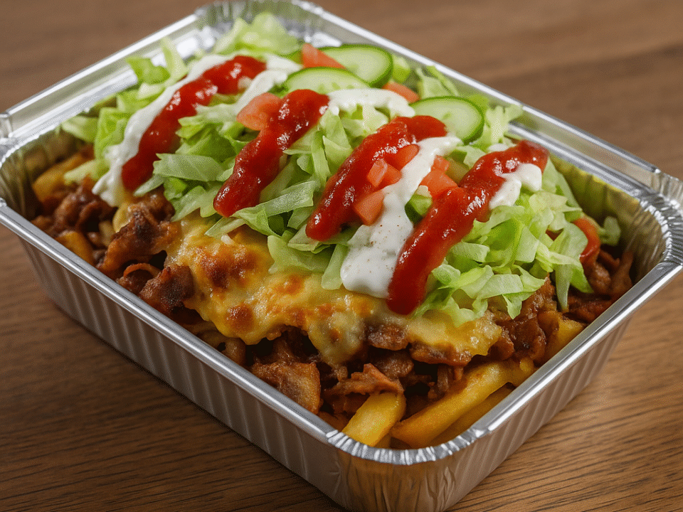 Kapsalon served in a takeaway tray with fries, meat, cheese, and salad toppings