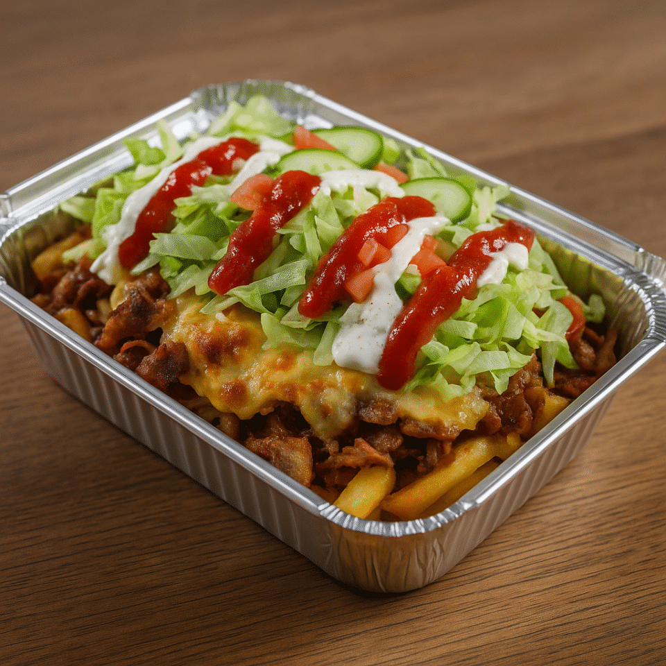 Kapsalon served in a takeaway tray with fries, meat, cheese, and salad toppings